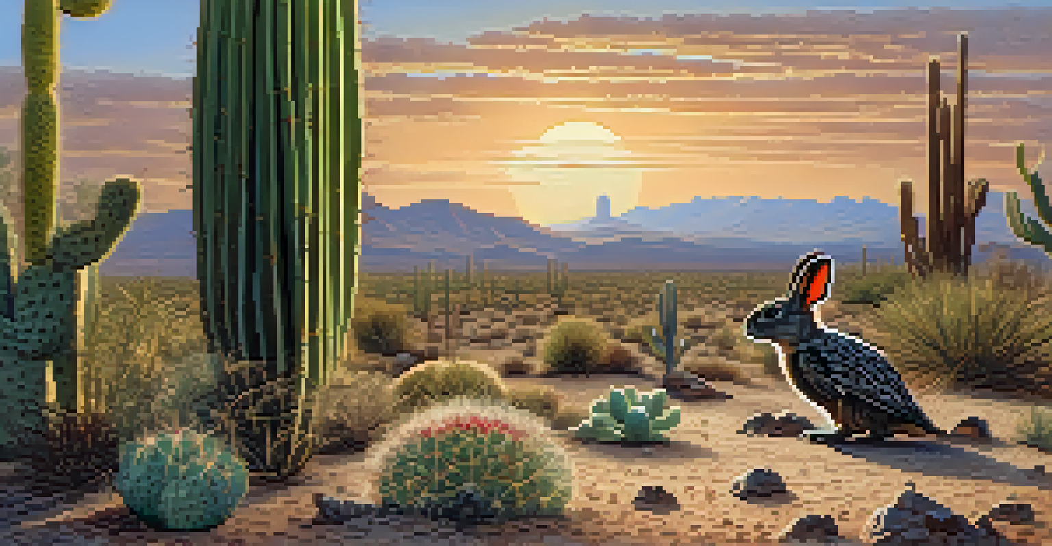 A desert habitat with a rabbit hiding near a large cactus and a woodpecker pecking at another cactus under a bright sun.