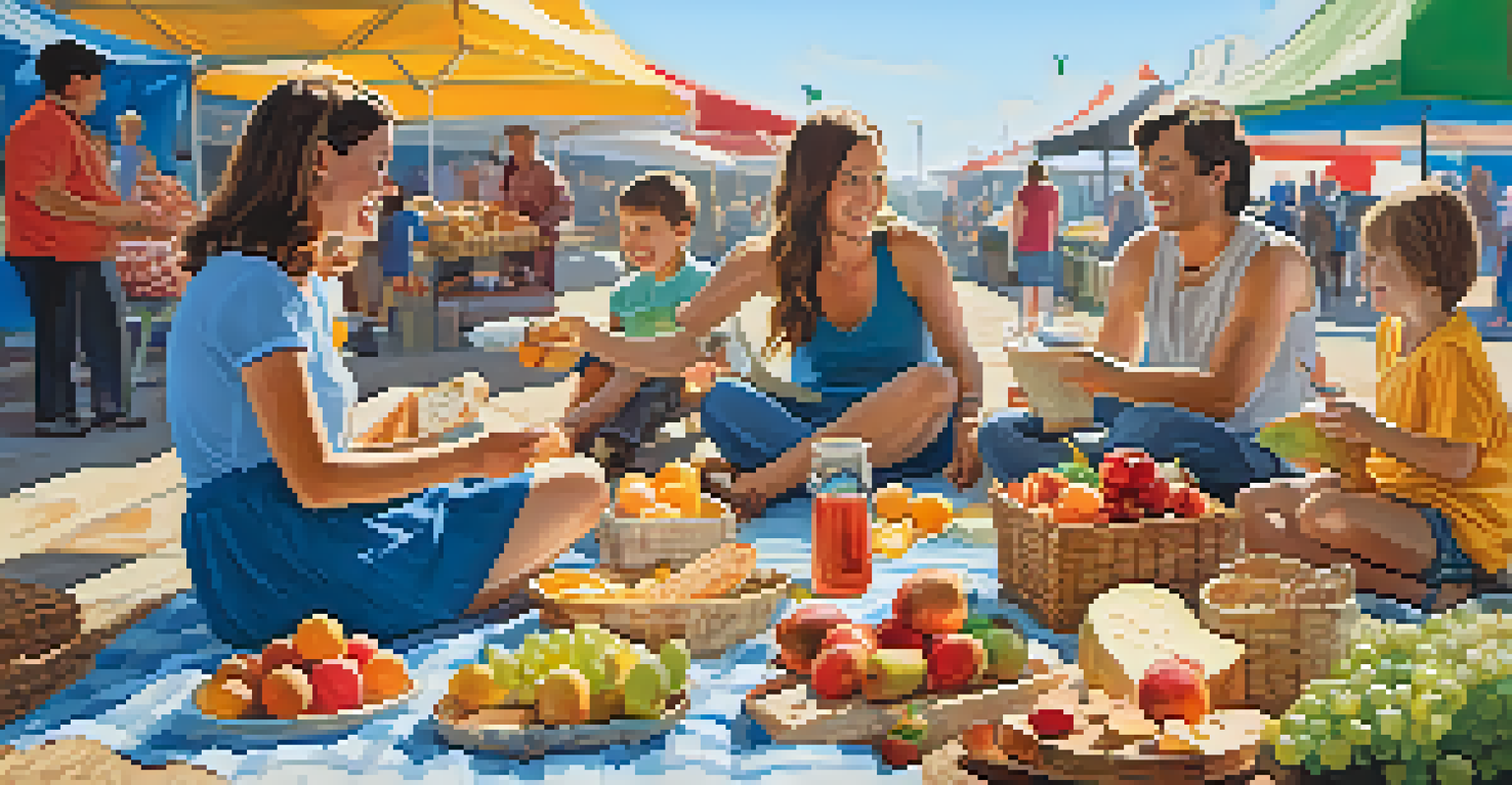 A family having a picnic at a farmers' market with a spread of fresh foods and children playing nearby.
