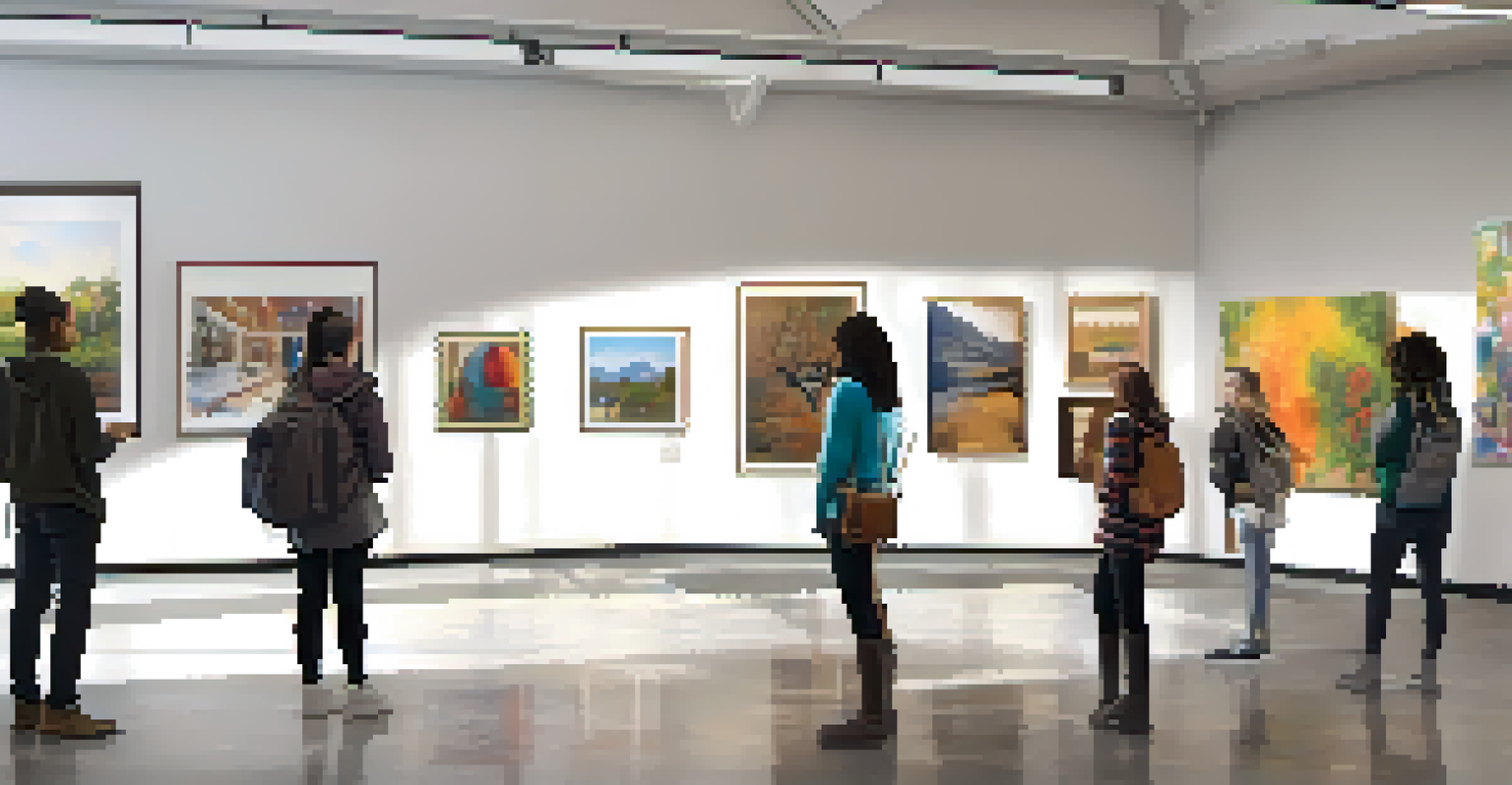 Students displaying their artwork in a bright art gallery with local artists interacting.