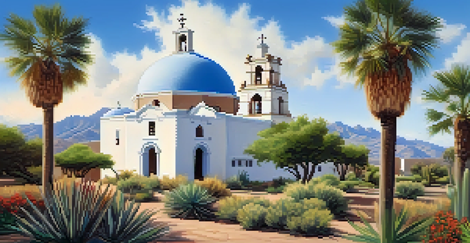 A view of Mission San Xavier del Bac, featuring its beautiful Baroque architecture and surrounded by desert flora under a bright blue sky.