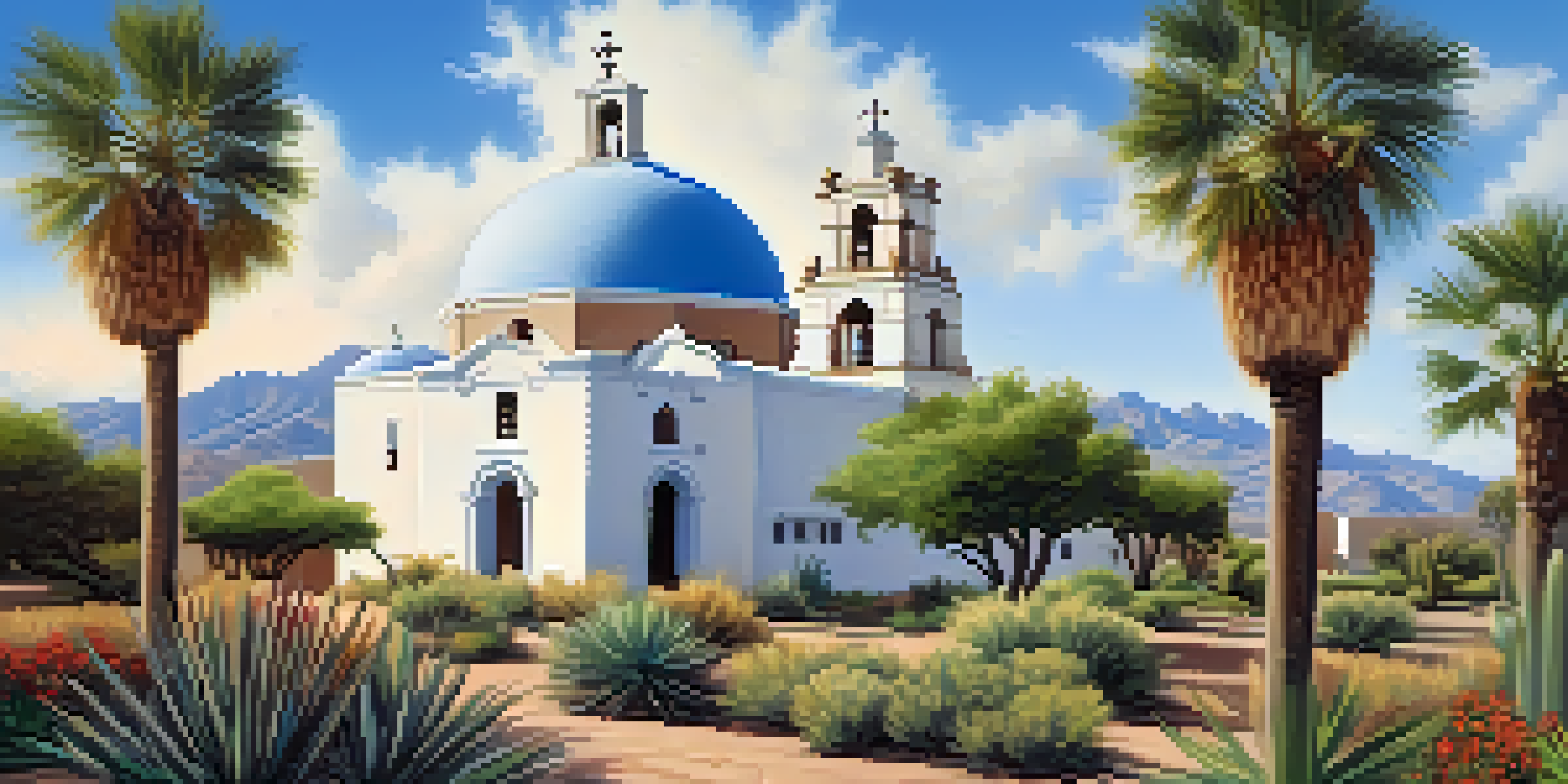 A view of Mission San Xavier del Bac, featuring its beautiful Baroque architecture and surrounded by desert flora under a bright blue sky.