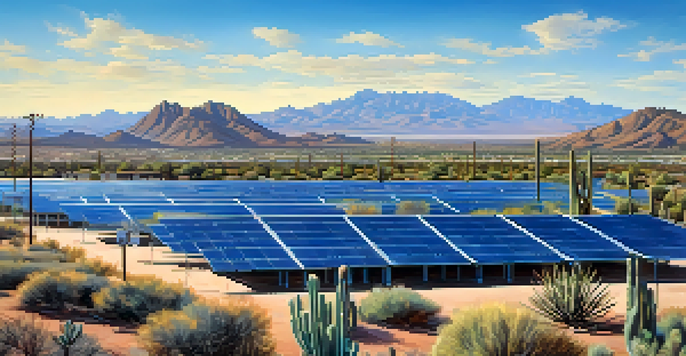 Aerial view of Tucson, Arizona, featuring solar panels in a desert landscape with cacti and mountains.