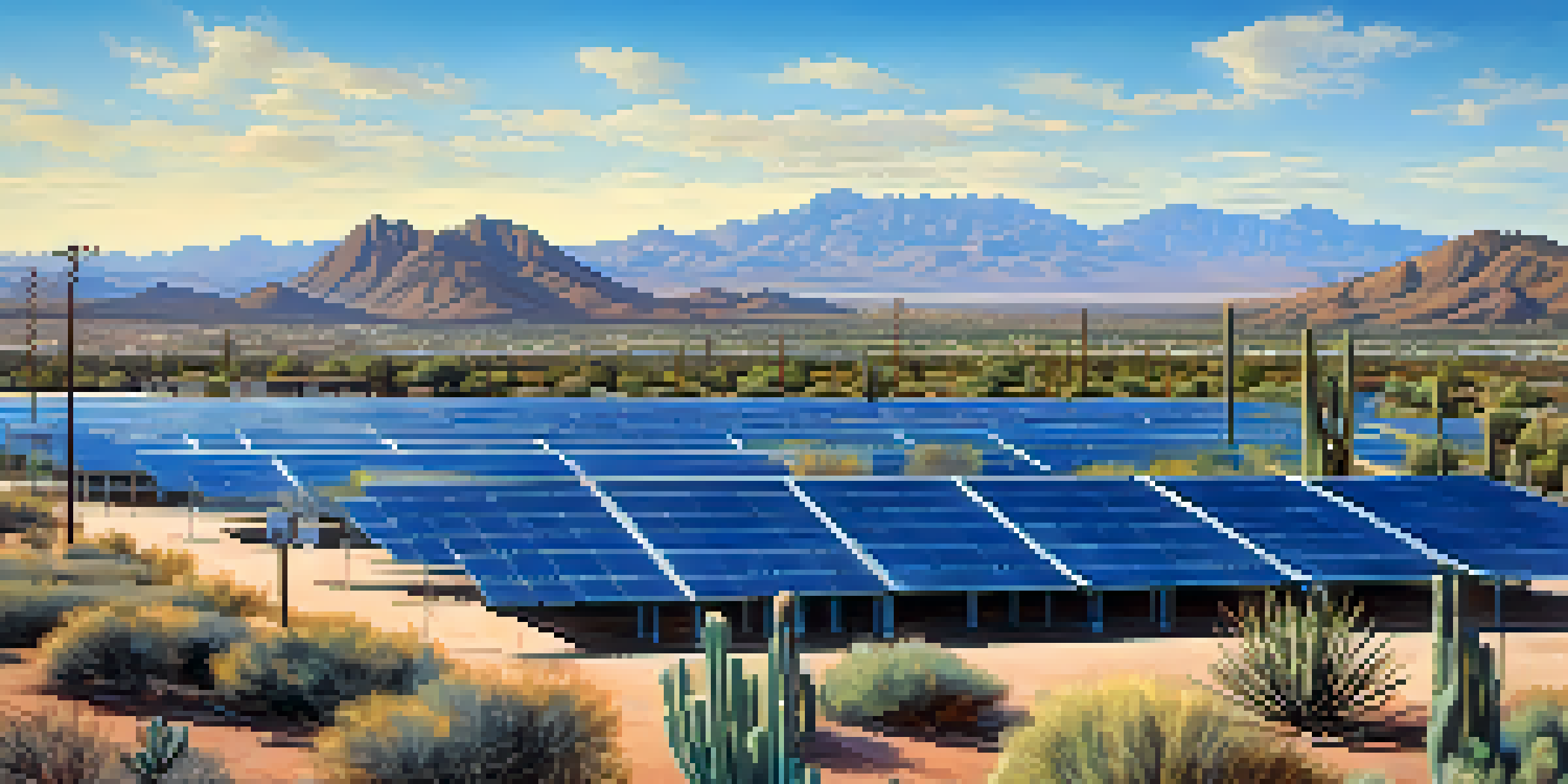 Aerial view of Tucson, Arizona, featuring solar panels in a desert landscape with cacti and mountains.