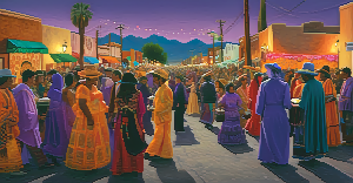 A lively street scene in Tucson during the All Souls Procession with diverse people in colorful costumes and a mural in the background.