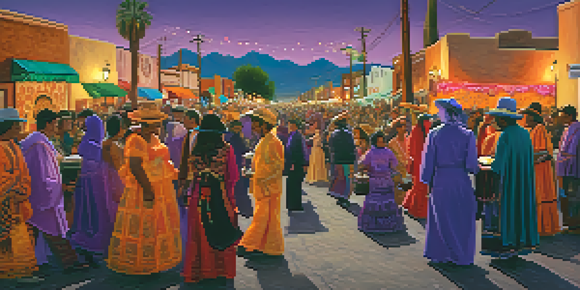 A lively street scene in Tucson during the All Souls Procession with diverse people in colorful costumes and a mural in the background.