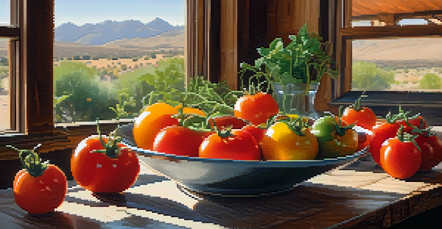 A cozy farm-to-table restaurant in Tucson with a colorful dish of heirloom tomatoes and fresh herbs, illuminated by natural light.
