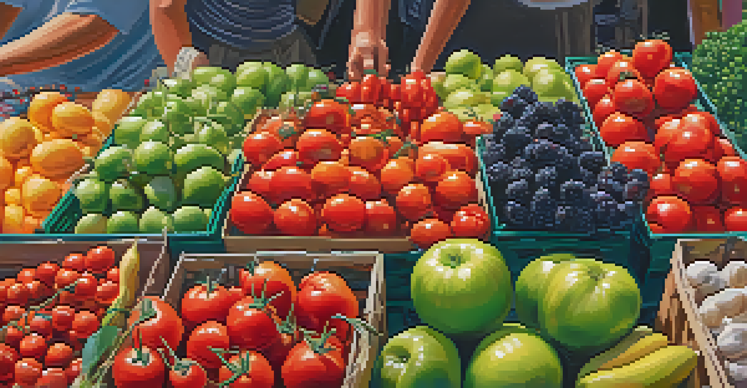 A close-up view of fresh fruits and vegetables at a vendor's table with a hand reaching for a tomato.