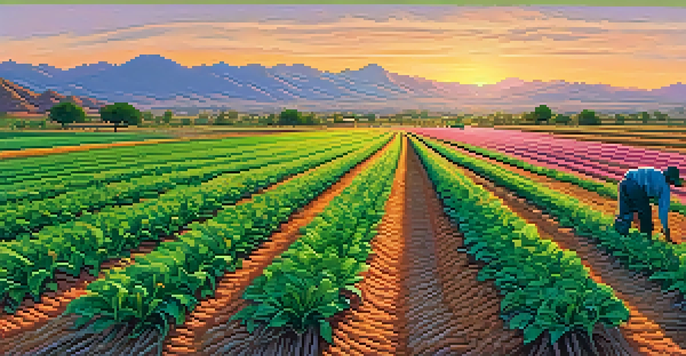 A panoramic view of Tucson's agricultural landscape at sunset, featuring various crops and a farmer inspecting them.