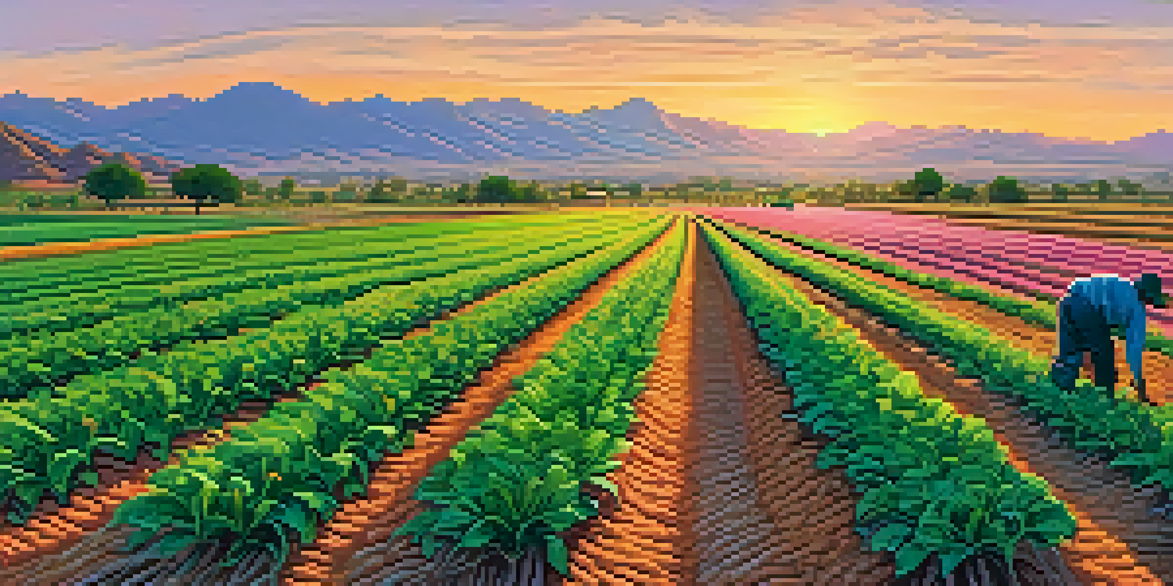 A panoramic view of Tucson's agricultural landscape at sunset, featuring various crops and a farmer inspecting them.