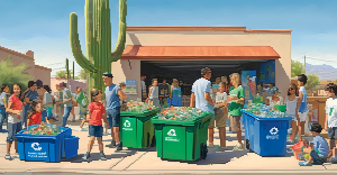 A lively community event where families and children are sorting recyclable materials in Tucson, with colorful recycling bins and banners in a sunny outdoor setting.