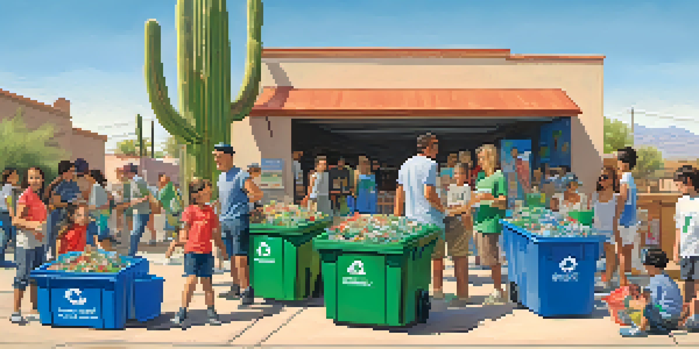 A lively community event where families and children are sorting recyclable materials in Tucson, with colorful recycling bins and banners in a sunny outdoor setting.