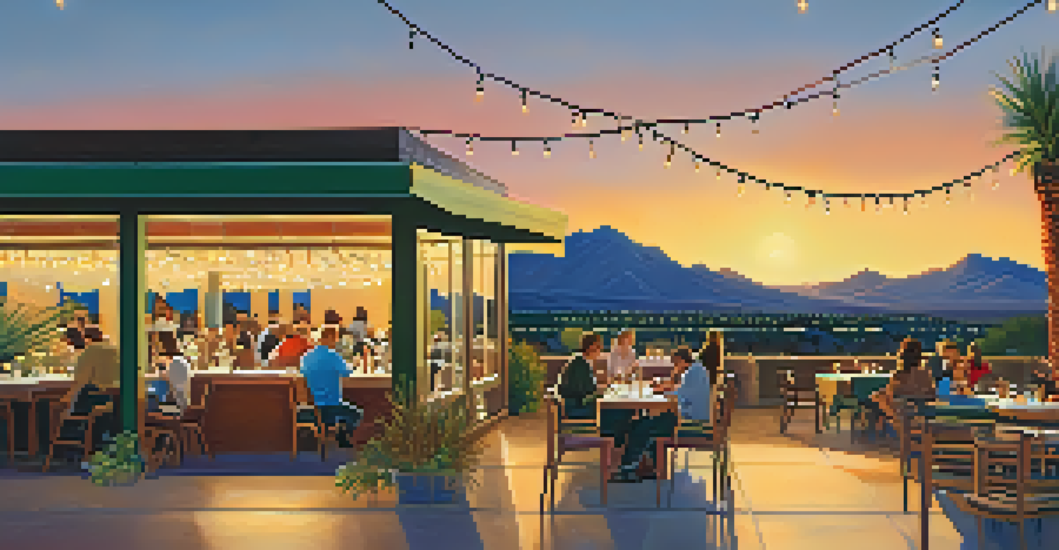Outdoor dining at a Tucson restaurant with patrons enjoying meals during sunset.