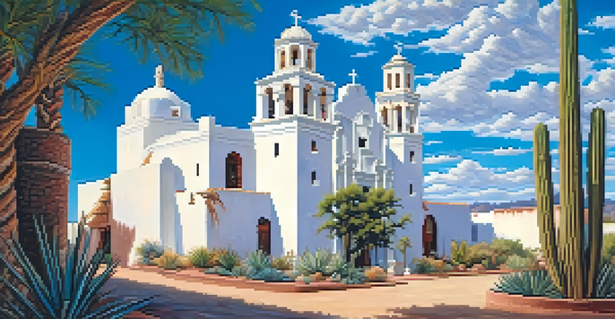 A beautiful view of the Mission San Xavier del Bac with a white façade and blue sky, surrounded by desert plants.