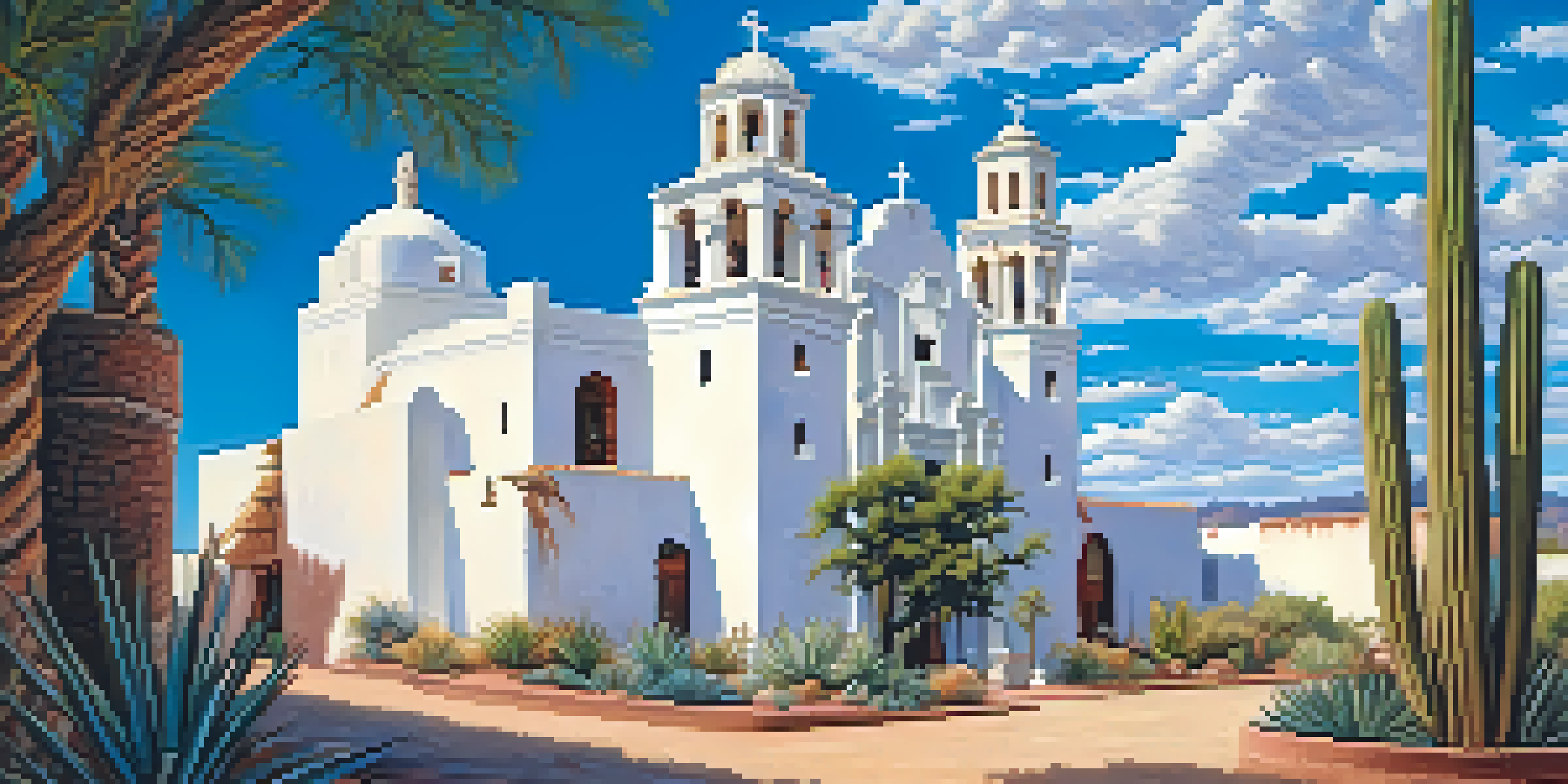 A beautiful view of the Mission San Xavier del Bac with a white façade and blue sky, surrounded by desert plants.