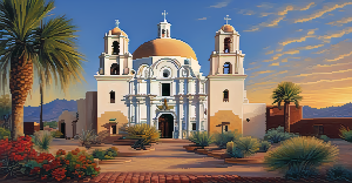 Exterior view of Mission San Xavier del Bac with intricate architecture and colorful murals during sunset.