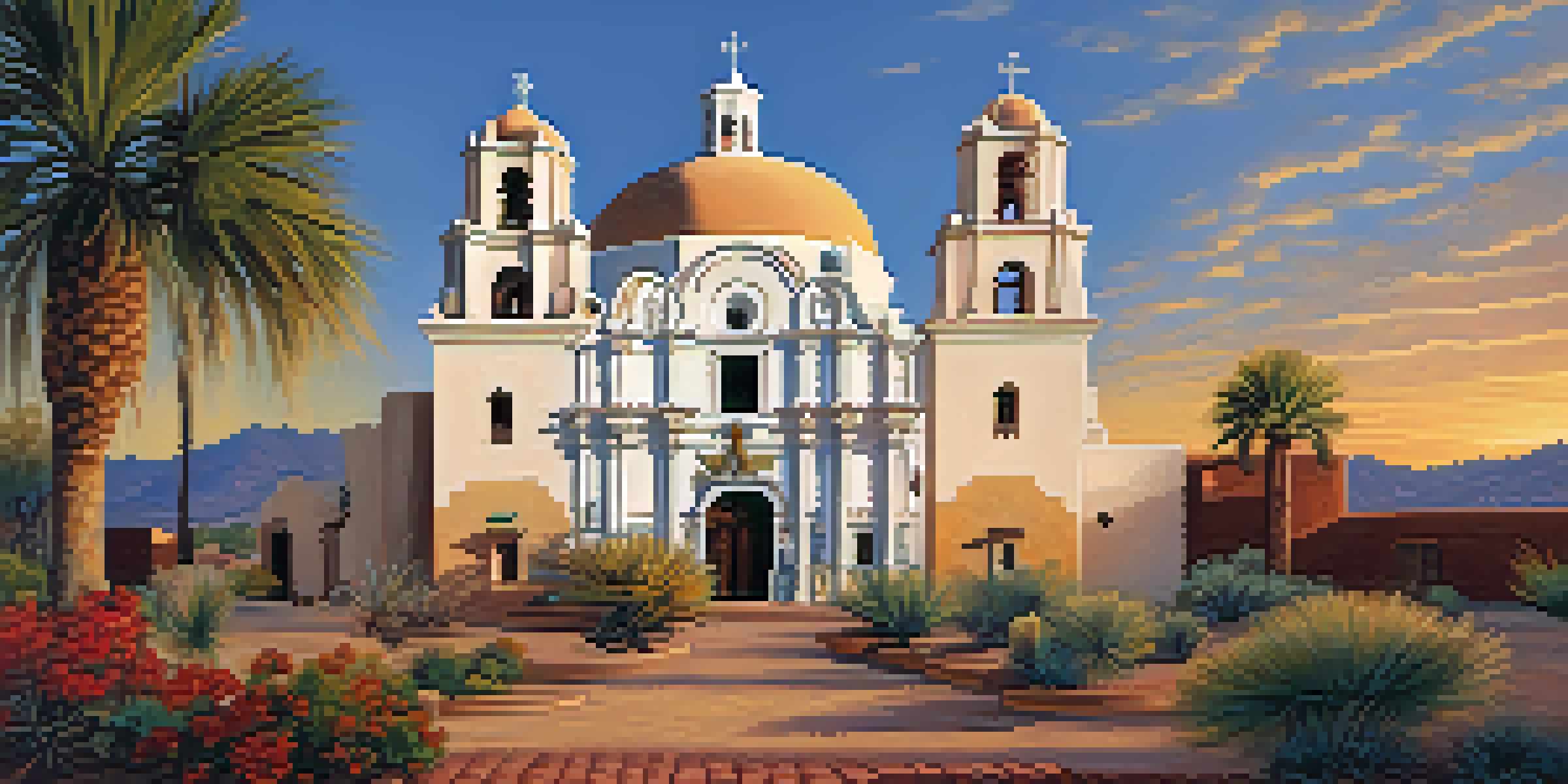 Exterior view of Mission San Xavier del Bac with intricate architecture and colorful murals during sunset.
