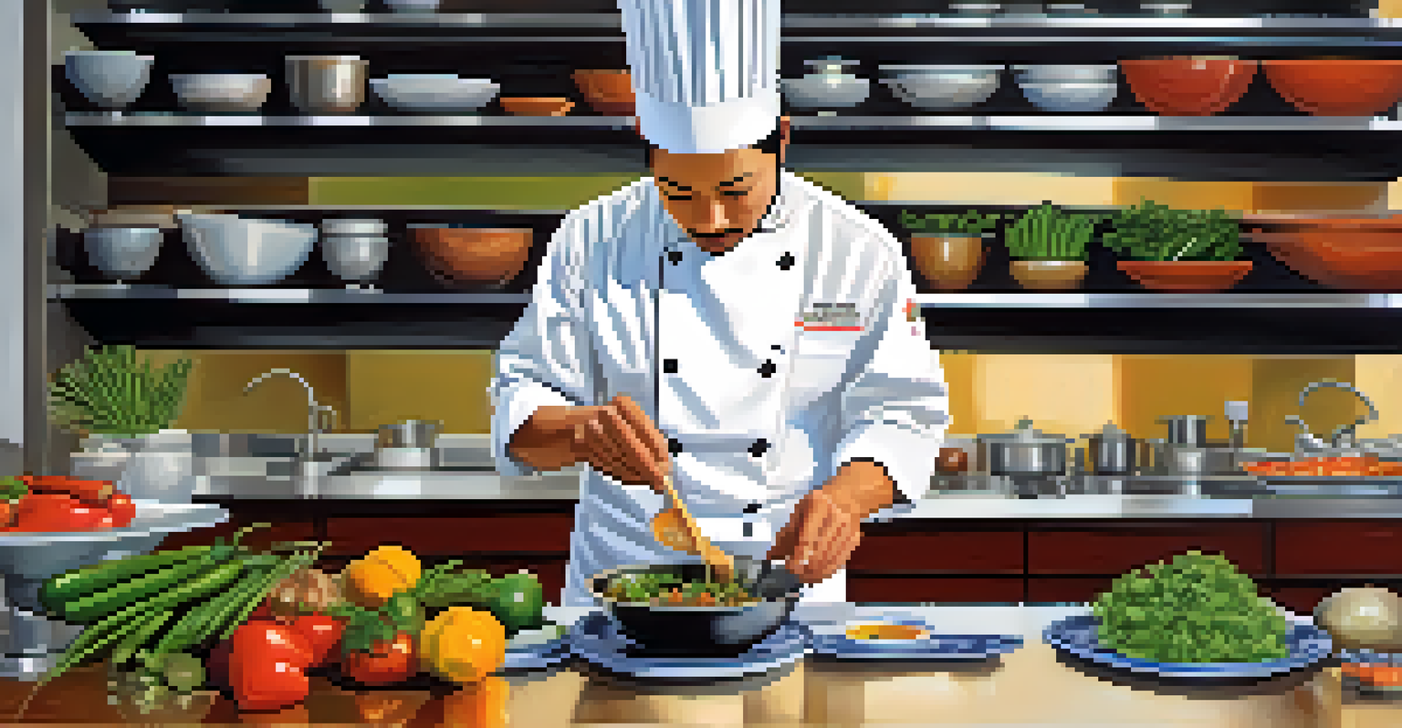 A chef in a bright kitchen preparing a fusion dish with Asian and Mexican ingredients, surrounded by fresh produce.