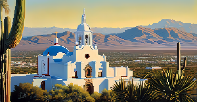 A scenic view of the Mission San Xavier del Bac with detailed Baroque architecture and colorful frescoes, surrounded by desert plants and mountains.