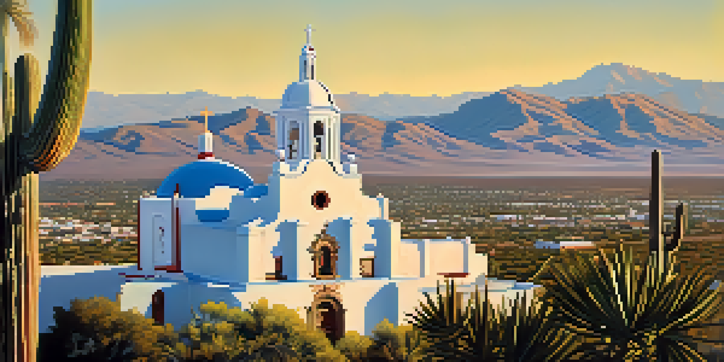 A scenic view of the Mission San Xavier del Bac with detailed Baroque architecture and colorful frescoes, surrounded by desert plants and mountains.