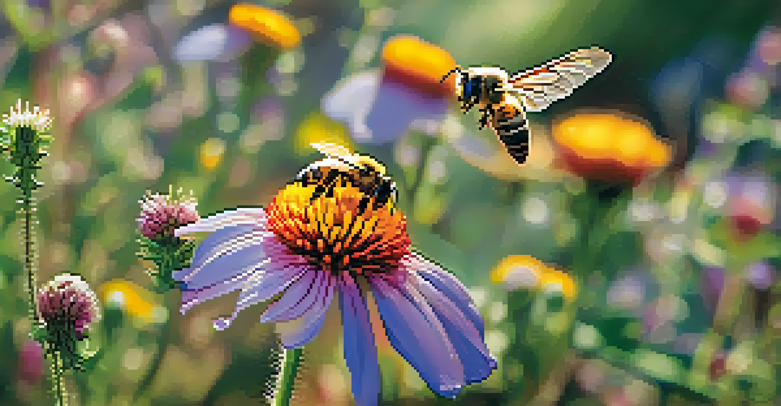 Close-up of a bee and a butterfly pollinating wildflowers in a Tucson garden with soft sunlight filtering through the leaves.