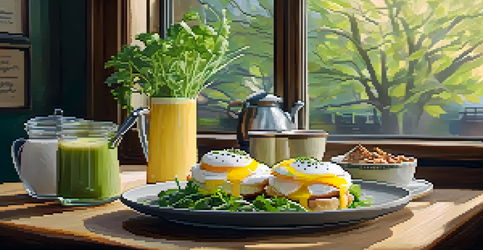 A cozy breakfast scene featuring a plate of Eggs Benedict with poached eggs and hollandaise sauce on a wooden table in a charming café setting.