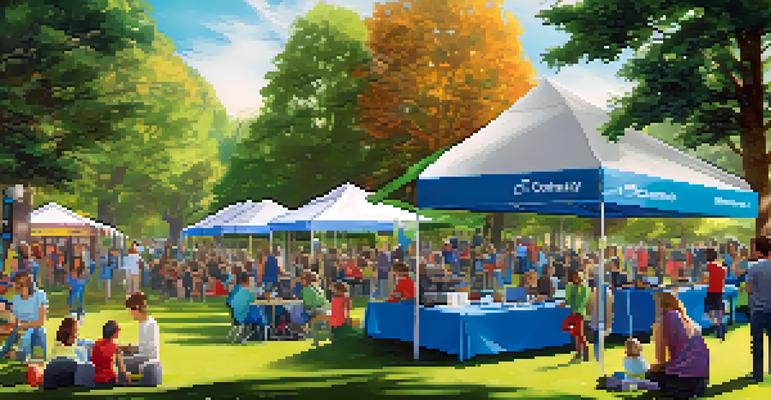 A lively community event in a park with families exploring tech education through hands-on demonstrations and colorful booths.