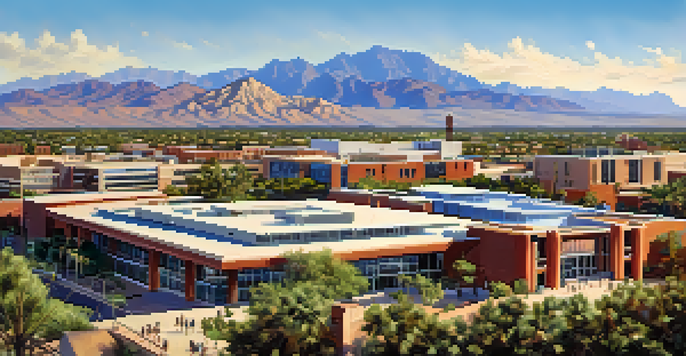 A vibrant campus scene at the University of Arizona with students and desert plants under a clear sky.