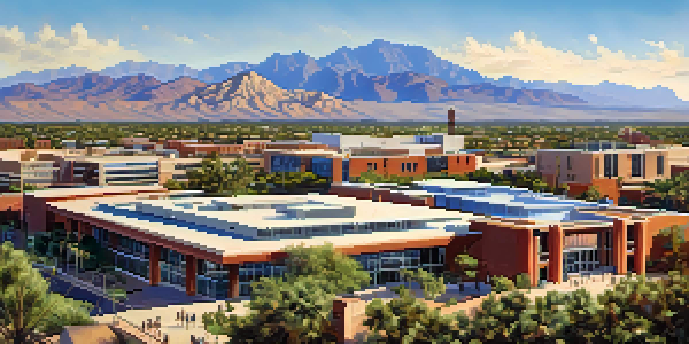 A vibrant campus scene at the University of Arizona with students and desert plants under a clear sky.