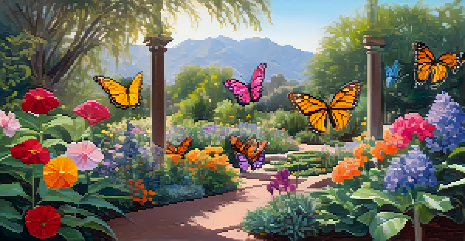 A butterfly garden filled with colorful flowers and butterflies fluttering in soft sunlight.