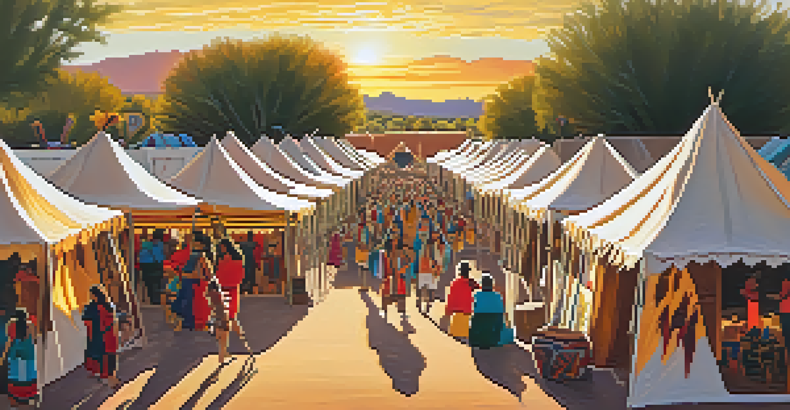 An outdoor art festival in Tucson with colorful tents and Native American artists engaging with a diverse crowd.