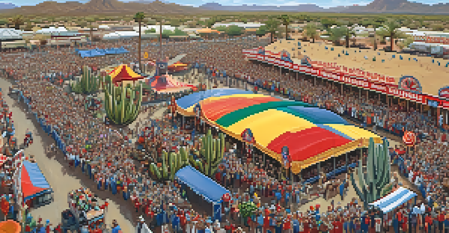 Aerial view of a parade at the Tucson Rodeo with colorful floats, cultural costumes, and a scenic desert backdrop.