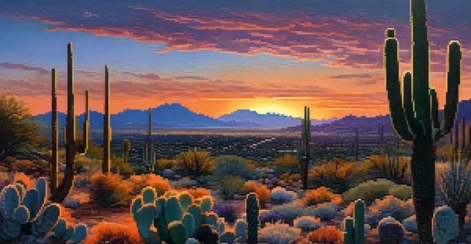 A panoramic view of Tucson's Sonoran Desert at sunset, featuring mountains and cacti in the foreground.