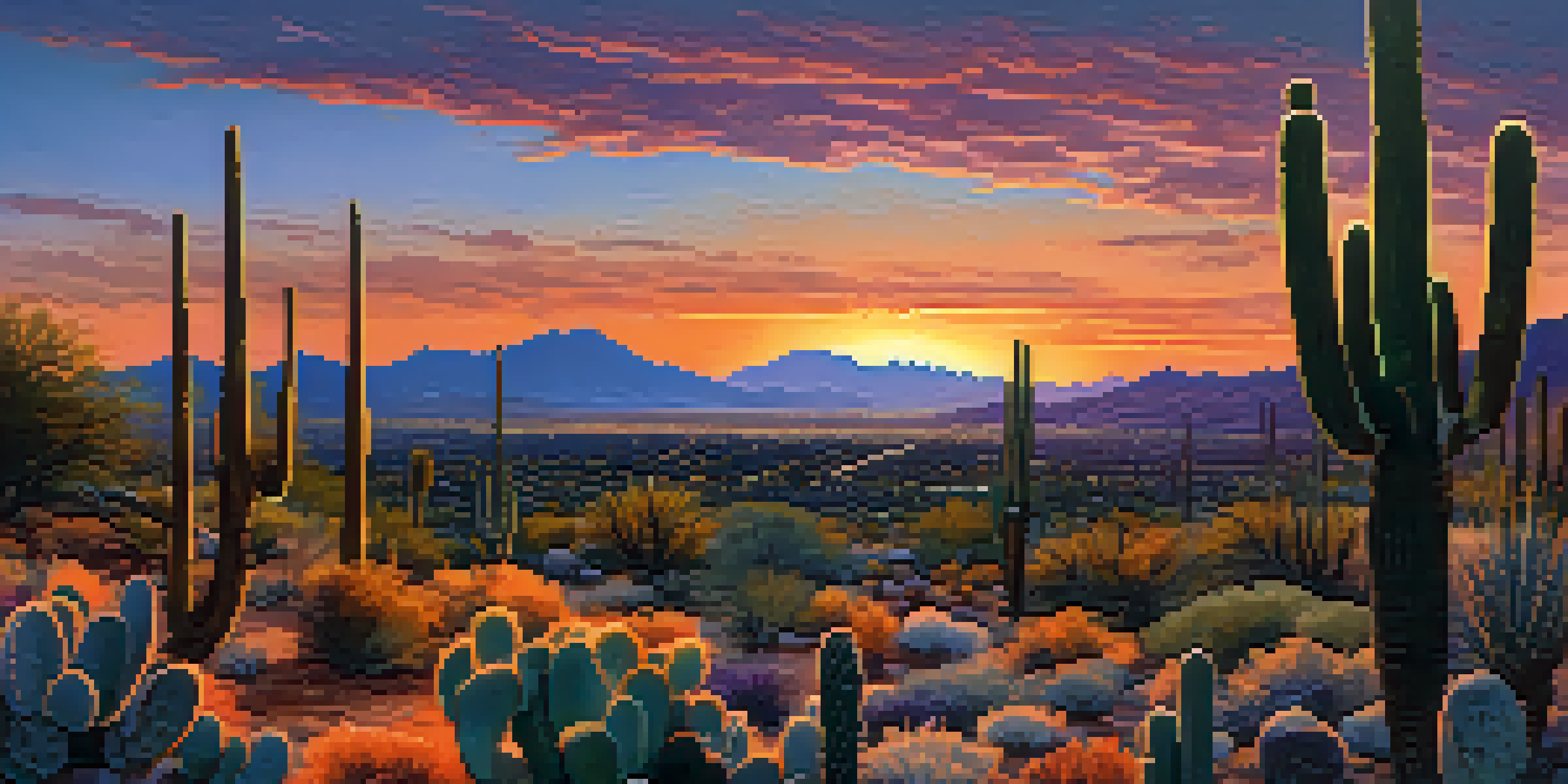 A panoramic view of Tucson's Sonoran Desert at sunset, featuring mountains and cacti in the foreground.