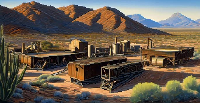 A panoramic view of Tucson's mining landscape with old mining equipment and desert plants under a blue sky.