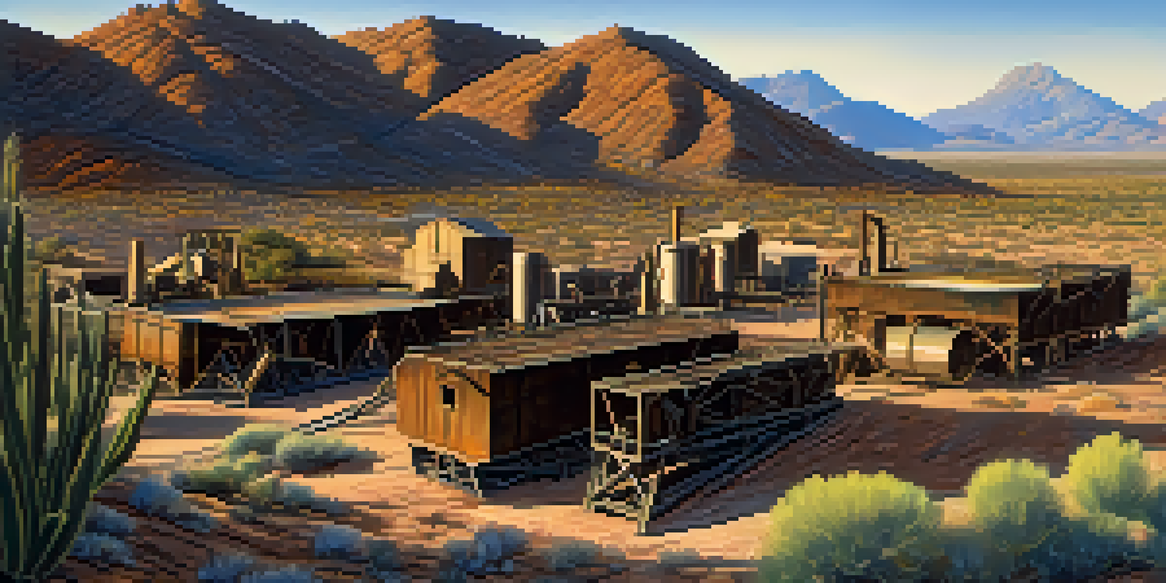 A panoramic view of Tucson's mining landscape with old mining equipment and desert plants under a blue sky.