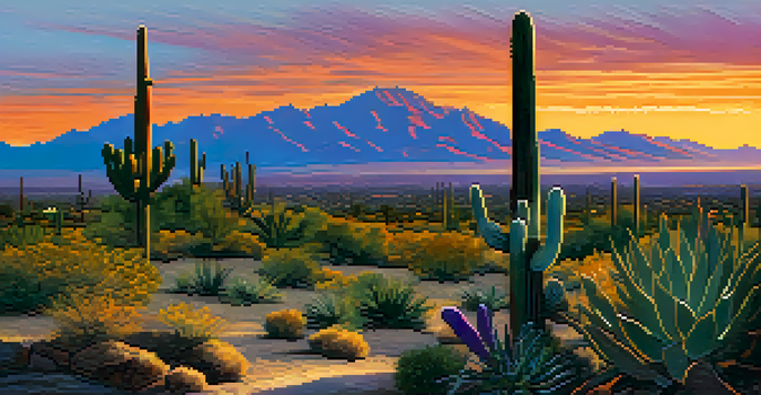 A scenic view of Tucson, Arizona, with a sunset behind the mountains and cacti in the foreground, highlighting the area's archaeological significance.