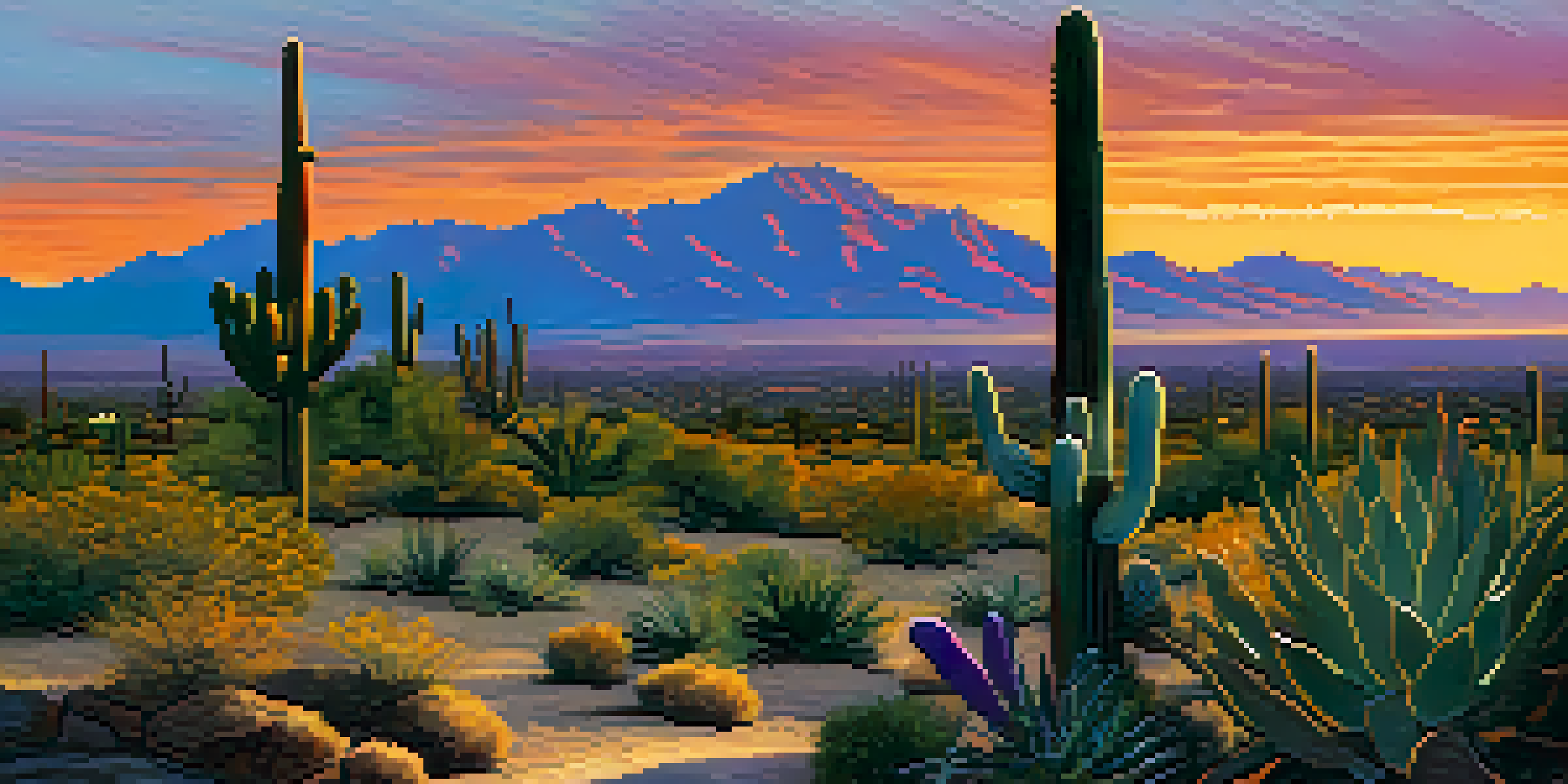 A scenic view of Tucson, Arizona, with a sunset behind the mountains and cacti in the foreground, highlighting the area's archaeological significance.