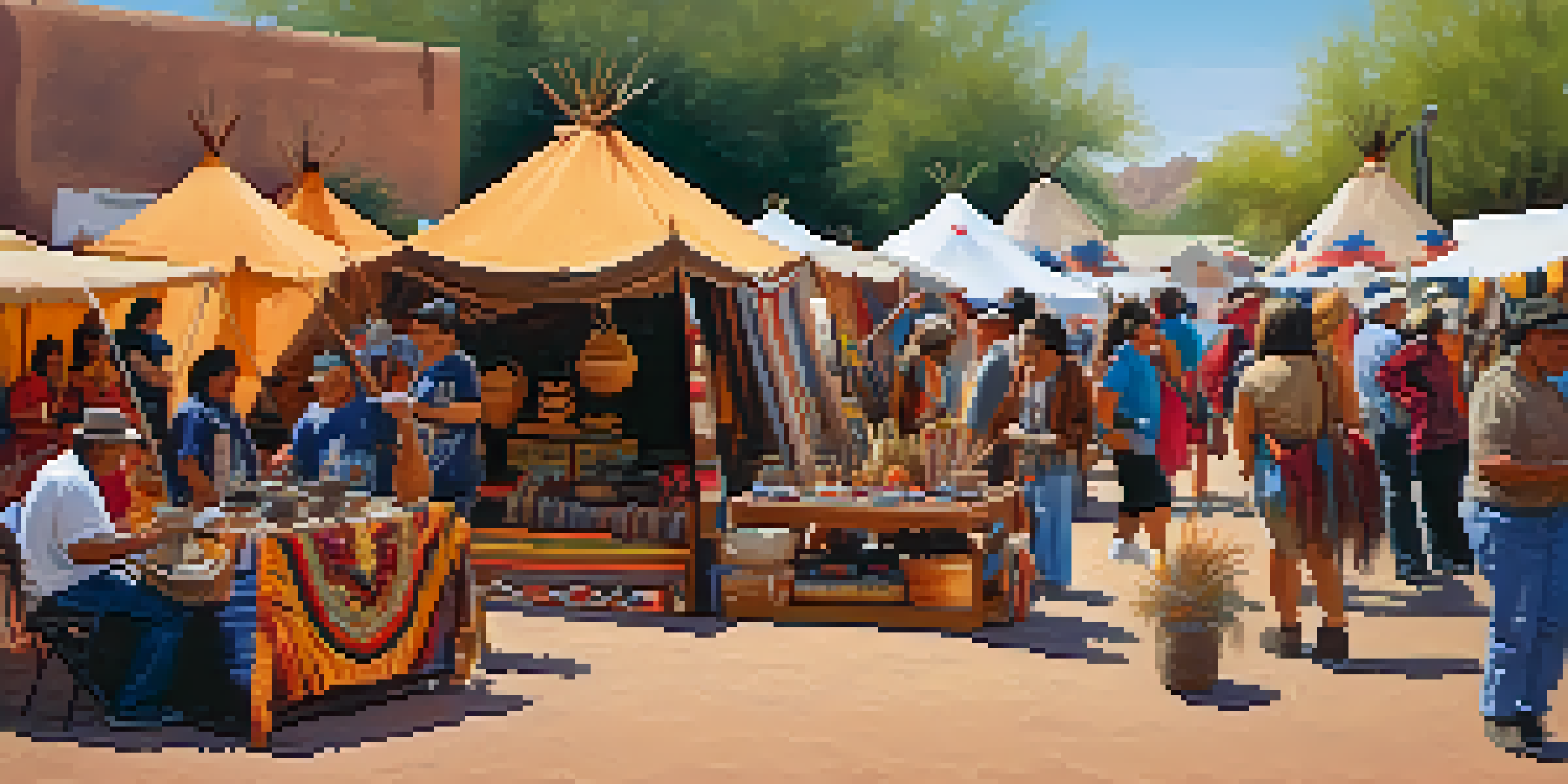 An outdoor festival scene with Native American artisans showcasing crafts, colorful tents, and people enjoying the festivities.
