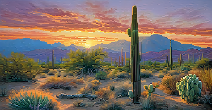 A desert landscape in Tucson with saguaro cacti under a colorful sunset.