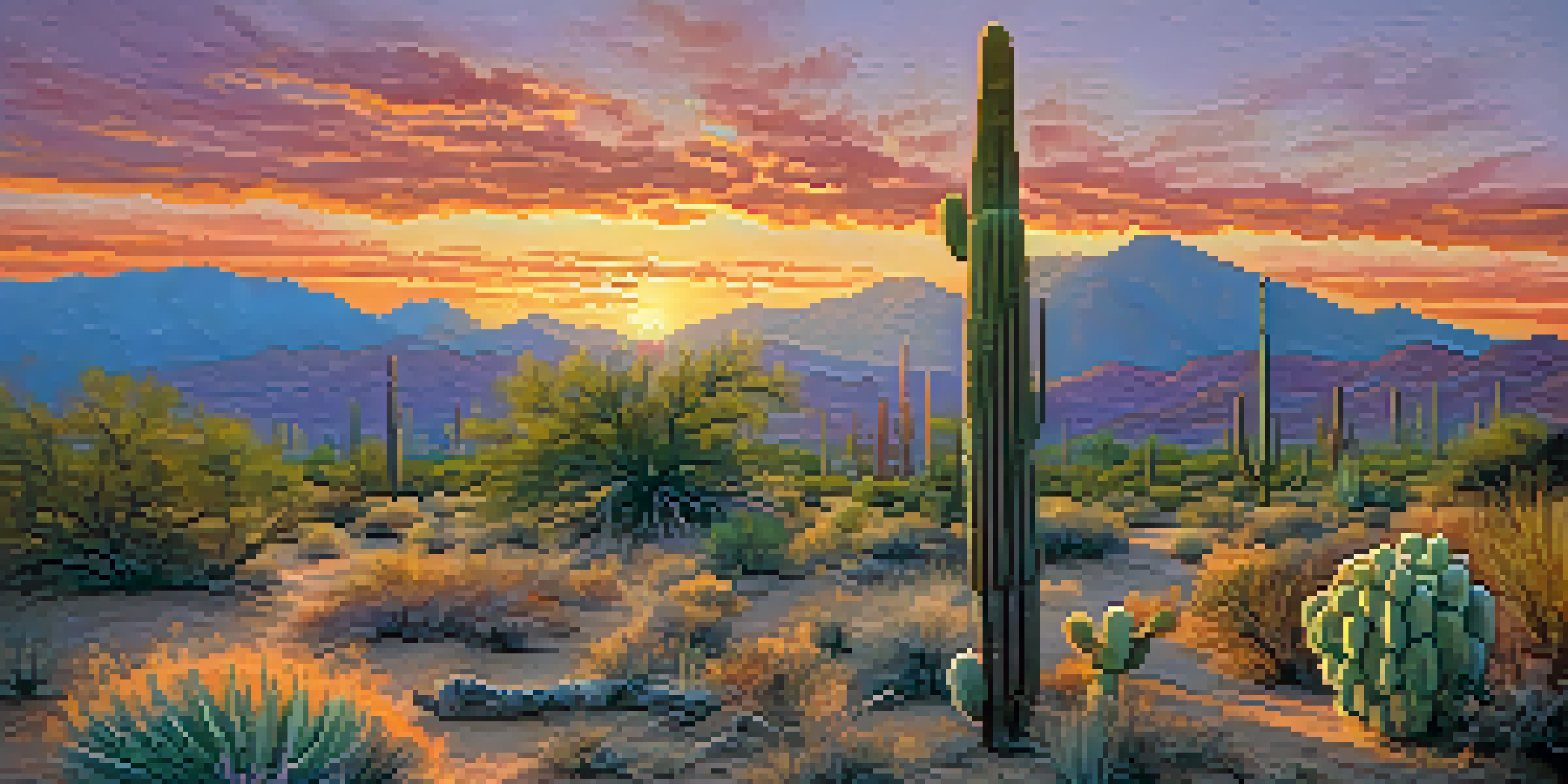 A desert landscape in Tucson with saguaro cacti under a colorful sunset.