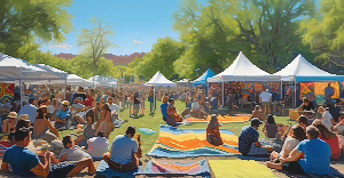 A lively outdoor music festival in Tucson with a diverse crowd enjoying live music, colorful banners, and food trucks under a clear sky.
