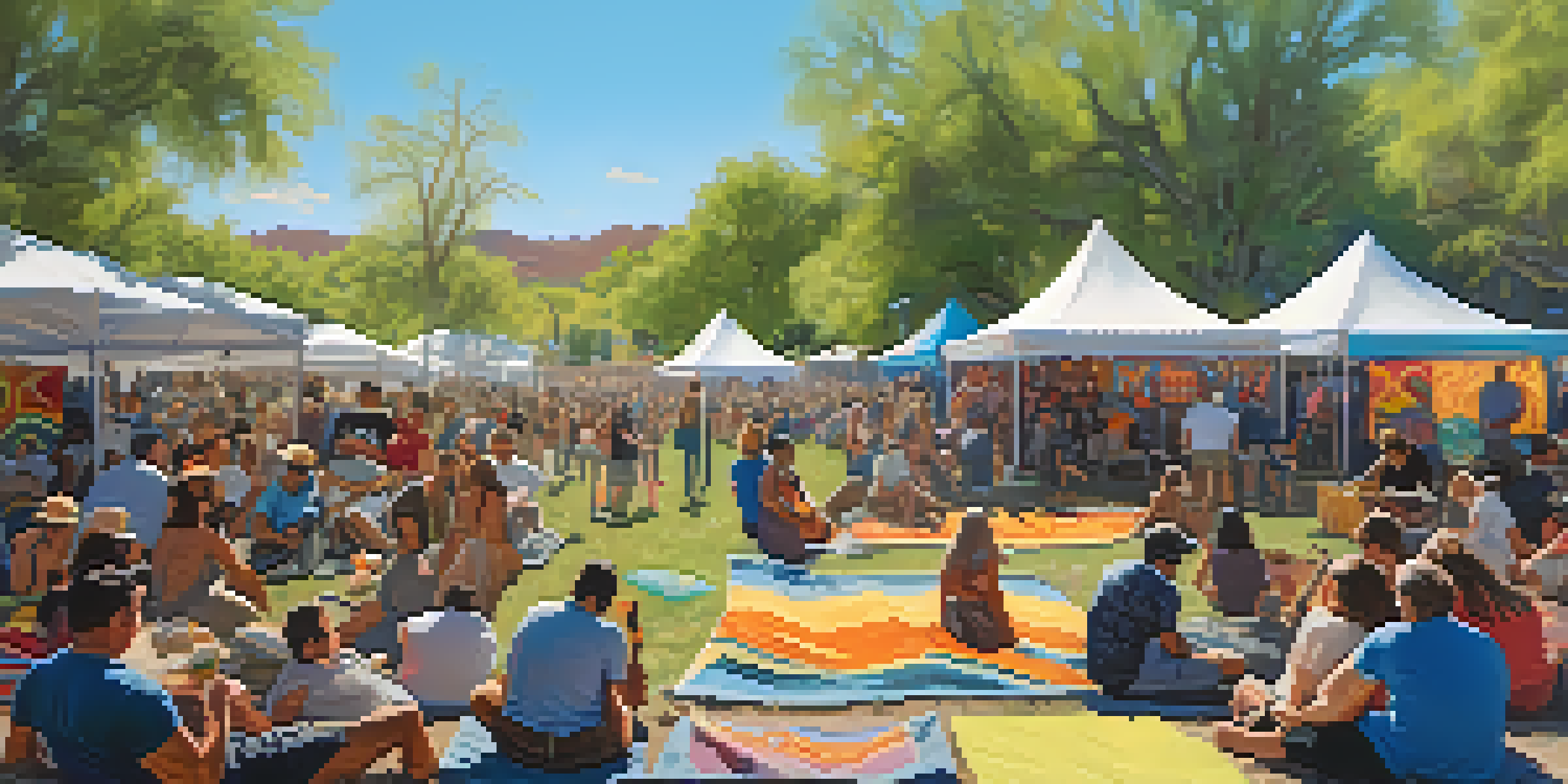 A lively outdoor music festival in Tucson with a diverse crowd enjoying live music, colorful banners, and food trucks under a clear sky.