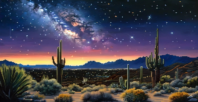 A picturesque night sky filled with stars above the desert landscape of Tucson, Arizona, with silhouetted cacti in the foreground.