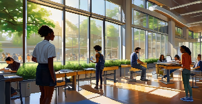 A diverse group of university students collaborating on a STEM project in a sunny campus setting, with a modern building and greenery around.