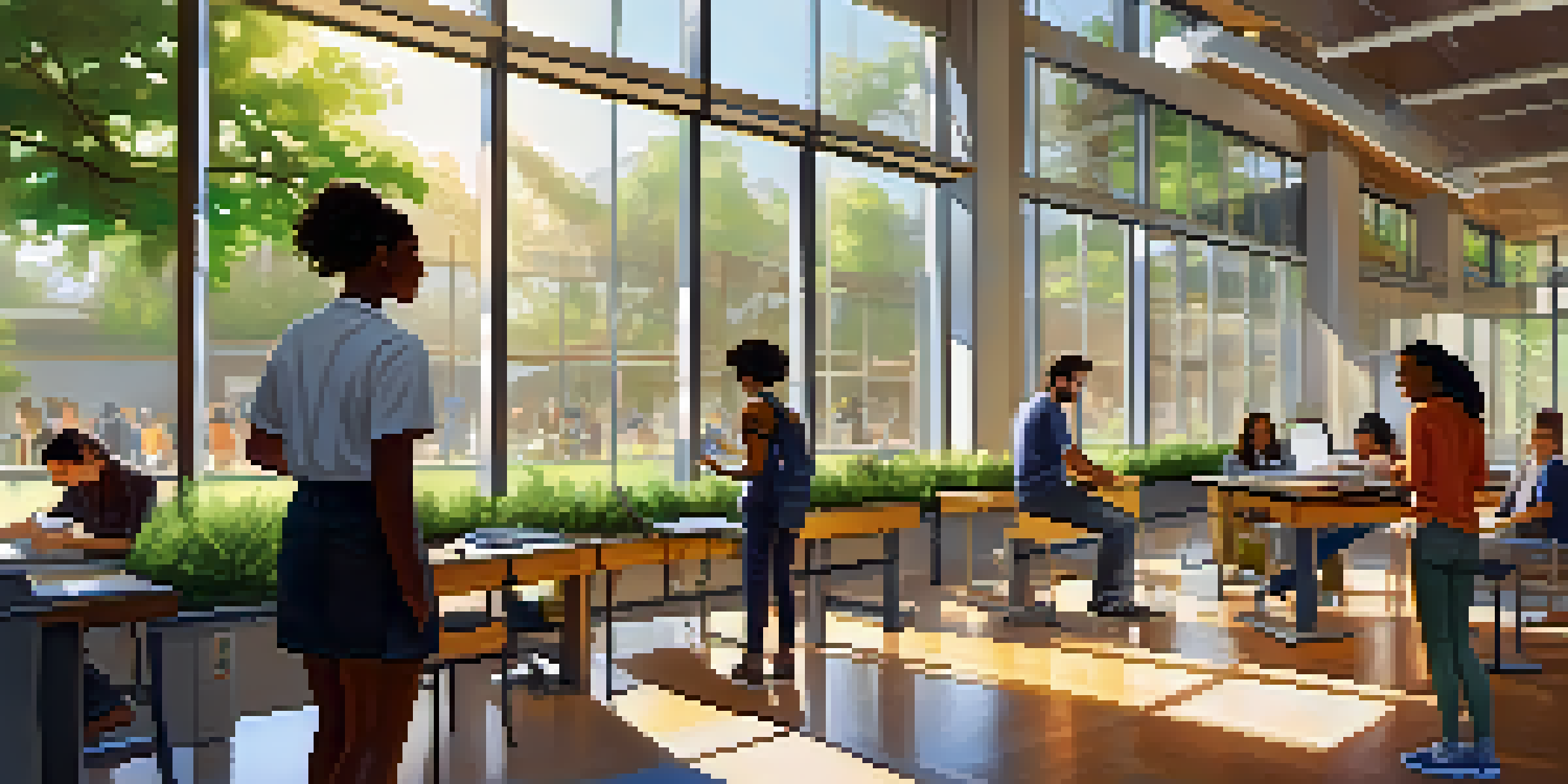 A diverse group of university students collaborating on a STEM project in a sunny campus setting, with a modern building and greenery around.