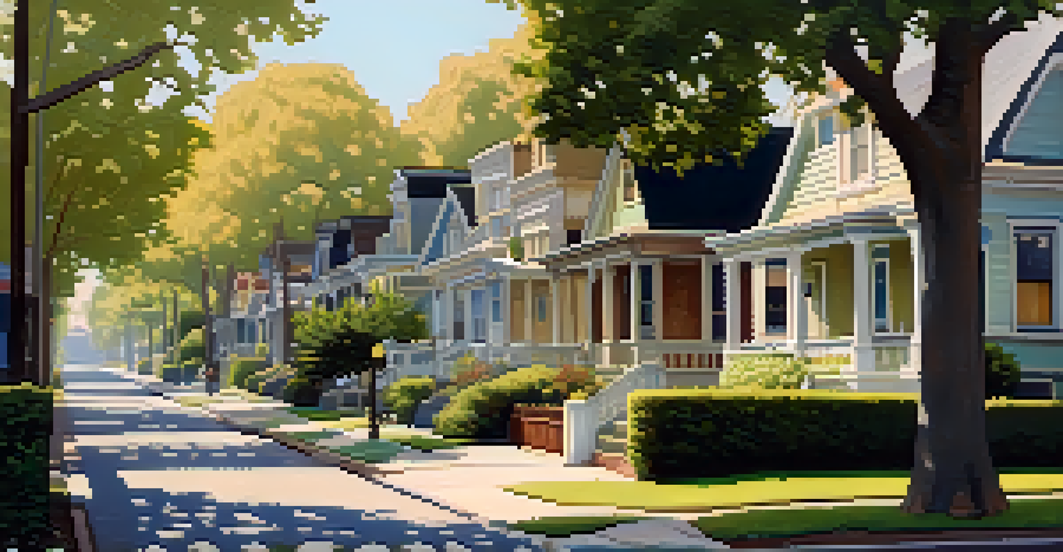 A scenic view of Sam Hughes neighborhood showcasing early 20th-century bungalows and tree-lined sidewalks under soft morning light.