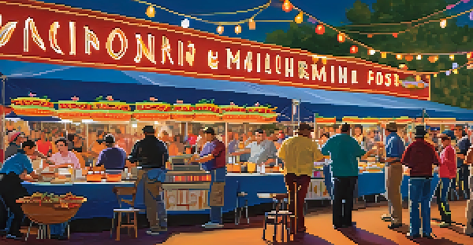 A bustling Tucson culinary festival with food stalls, local chefs cooking, and people enjoying the vibrant atmosphere, accompanied by a mariachi band.