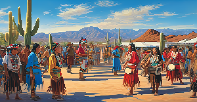 A lively Tucson Native American festival with dancers and musicians in traditional attire, set against a desert landscape at sunset.