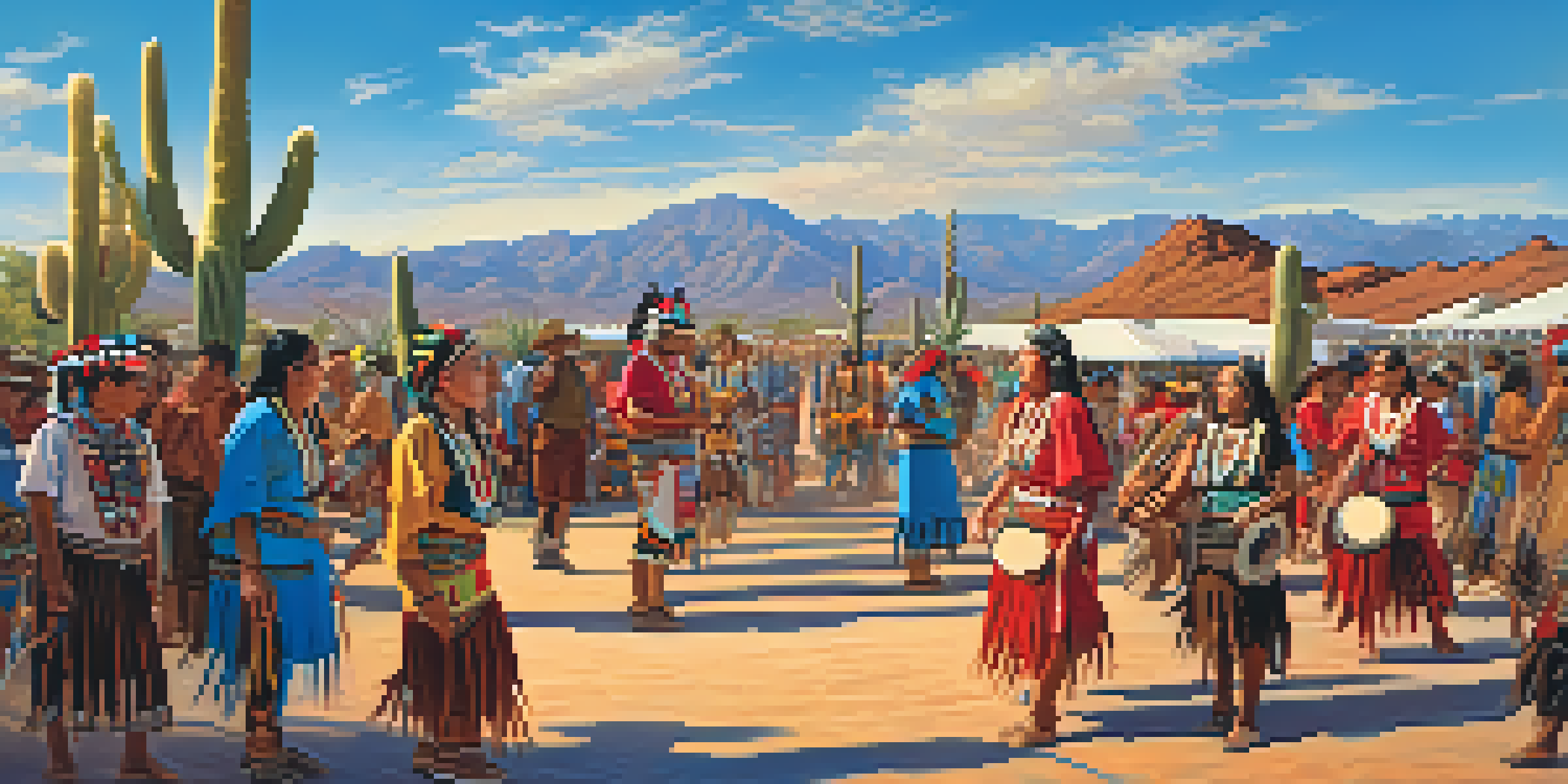 A lively Tucson Native American festival with dancers and musicians in traditional attire, set against a desert landscape at sunset.