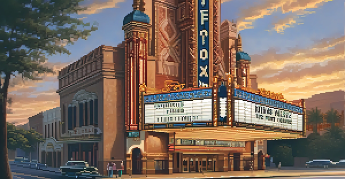 Exterior view of the Fox Theatre at sunset, highlighting its grand marquee and intricate architectural details.